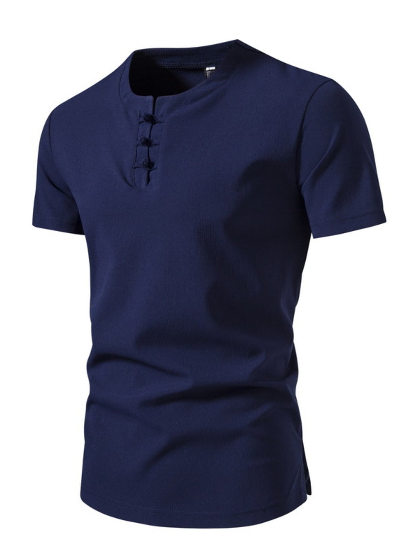 Men's dark blue cotton casual henley t-shirt with button detail