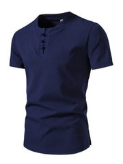 Men's dark blue cotton casual henley t-shirt with button detail