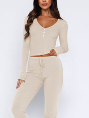 Beige ribbed loungewear set with henley top and drawstring pants