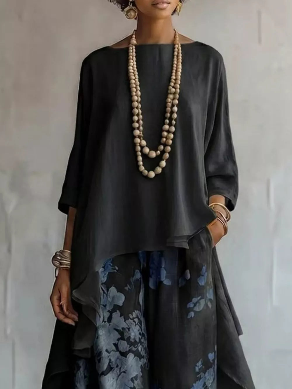 Asymmetrical Hem Top And Floral Pants Set, model styling view