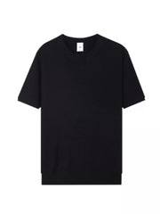 Black ribbed knit men's t-shirt with relaxed fit and crew neck.