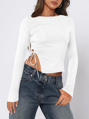 White ruched long sleeve top with adjustable side tie detail