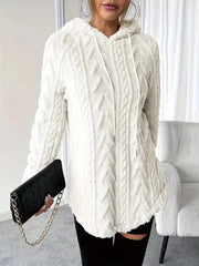 White textured drawstring fleece hoodie with cable knit pattern and a cozy, casual fit.