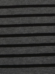 Grey and black striped t-shirt with a boat neck.