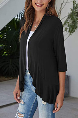 Black waterfall cardigan with asymmetric hemline and 3/4 sleeves.