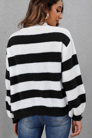 Chunky stripe acrylic cardigan with balloon sleeves in black and white