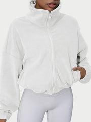 White fleece cropped funnel neck jacket with zipper and pockets