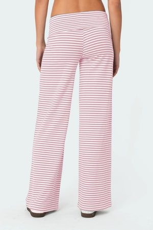 Blush pink and white striped palazzo pants with a high waist.