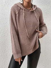 Mocha textured knit hoodie with drawstring, side slits, and ribbed cuffs.