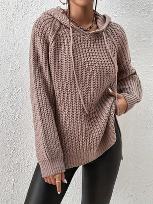 Mocha textured knit hoodie with drawstring, side slits, and ribbed cuffs.
