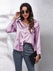 Lilac satin button-up shirt with a relaxed fit and effortless drape.