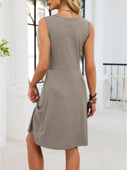 Mocha casual dress with twist knot front detail, sleeveless, a-line cut