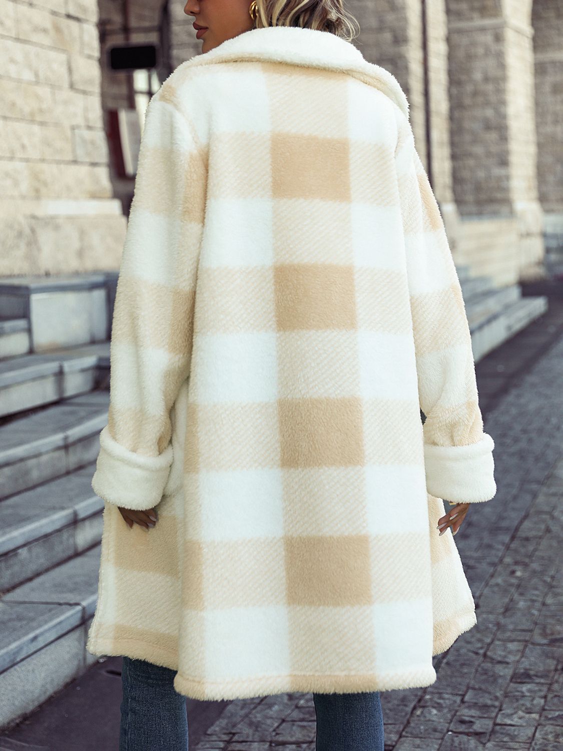 Teddy checkered cocoon coat in beige and white with a fuzzy texture and button closure.
