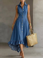 Sleeveless Ruffled Hem Denim Dress Plus Size in Black, side view