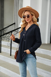 Navy textured henley hooded tunic with drawstring and button detail