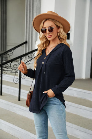 Navy textured henley hooded tunic with drawstring and button detail