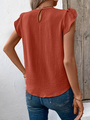 Terracotta textured blouse with flutter sleeves and keyhole back detail.