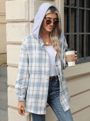 Light Blue plaid shacket with contrast grey hood and white drawstring, buttoned front