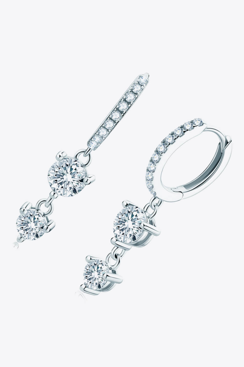 Silver moissanite drop hoop earrings with cascading stones.