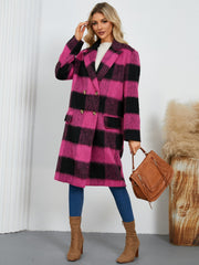 Hot Pink and Black Plaid Double-Breasted Cocoon Coat with gold buttons and flap pockets.