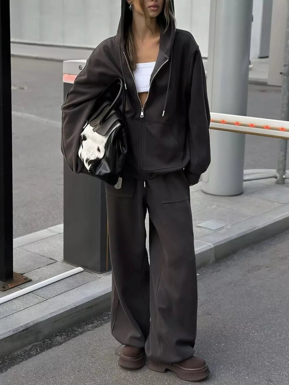 Oversized Zip-up Hoodie And Wide-leg Pants Set, product detail