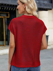 Scarlet knit cap sleeve top with vertical seams, crew neck, and relaxed fit.