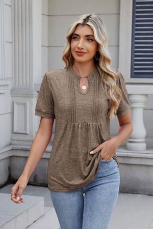 Khaki pleated yoke keyhole tee with short sleeves and gathered waist