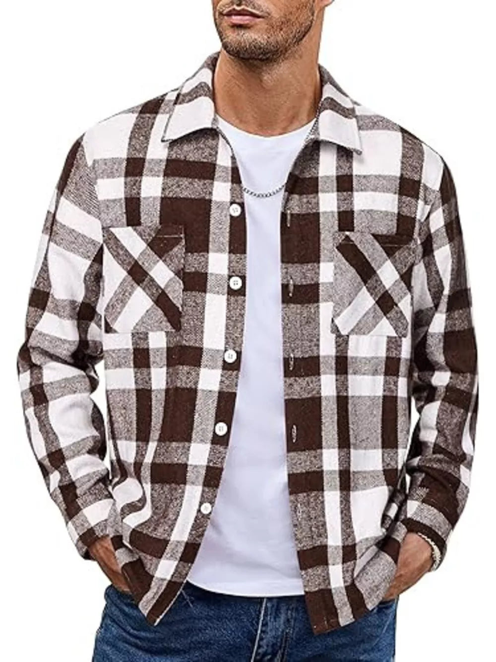 Men's brown and white plaid cotton button-up shirt with two chest pockets.