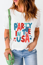White graphic tee with distressed USA text print and lightning bolt.