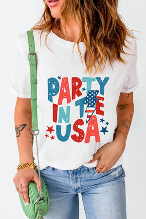 White graphic tee with distressed USA text print and lightning bolt.