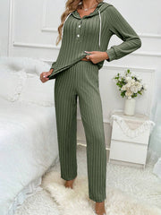 Ribbed knit loungewear set in Moss, featuring a hooded henley top and wide-leg pants.