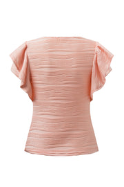Textured ruffle sleeve bodysuit in dusty pink with horizontal wavy pattern.