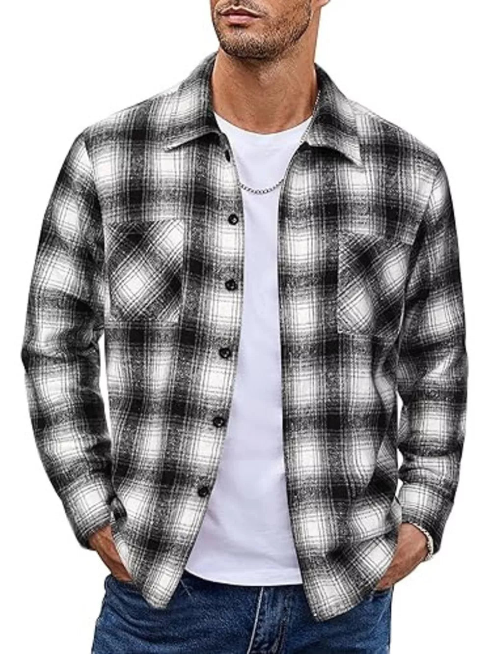 Men's black and white plaid cotton button-up shirt with two chest pockets.