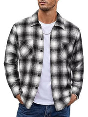 Men's black and white plaid cotton button-up shirt with two chest pockets.