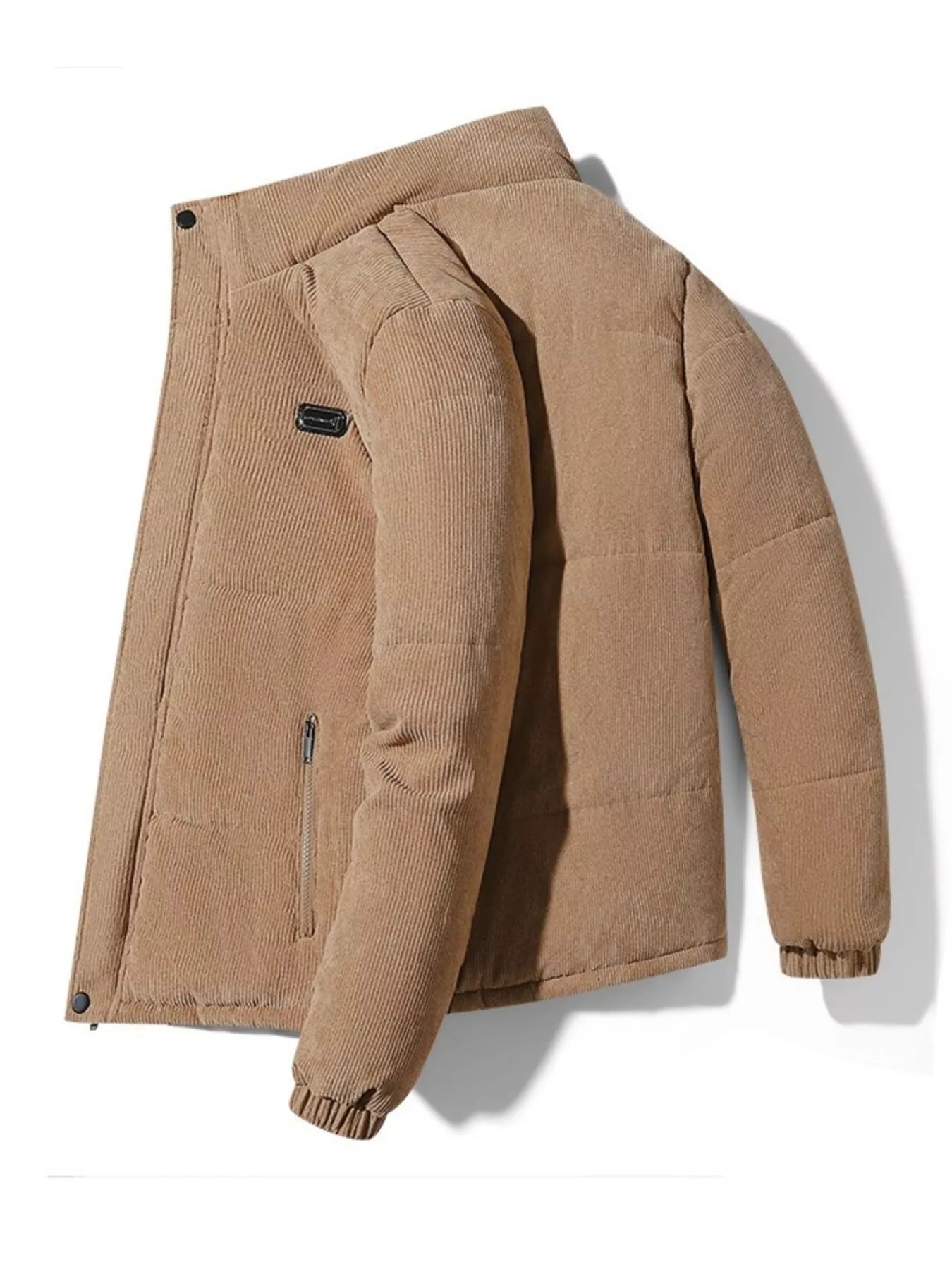 Men's khaki corduroy puffer jacket with zip pocket detail