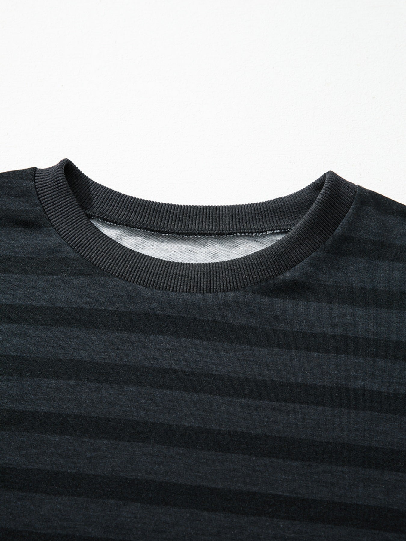 Dark gray striped crew neck pajama top with ribbed collar and cuffs.