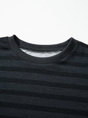 Dark gray striped crew neck pajama top with ribbed collar and cuffs.