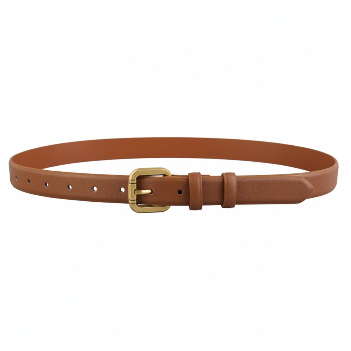 Brown cowhide leather belt with golden buckle and multiple holes.