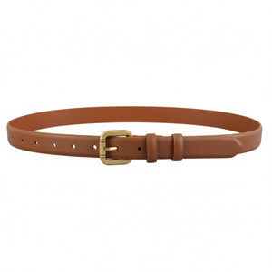Brown cowhide leather belt with golden buckle and multiple holes.