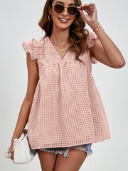 Apricot textured ruffle sleeve trapeze blouse with v-neck