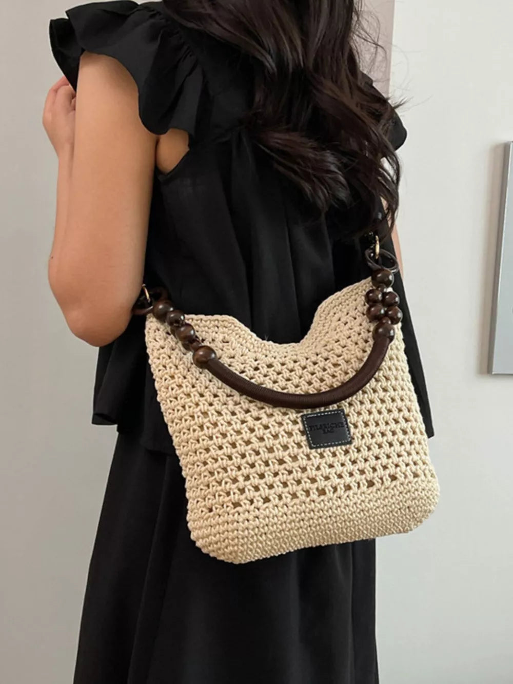 Crochet Knit Crossbody Bag in Cream, side view