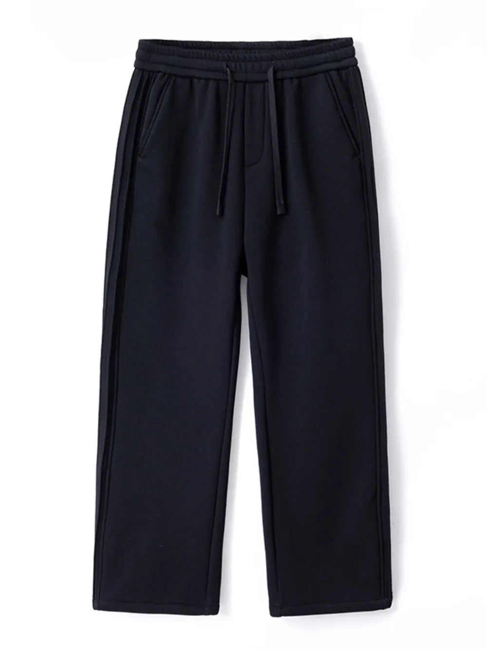 Black relaxed fit men's sweatpants with drawstring and side stripe detail.