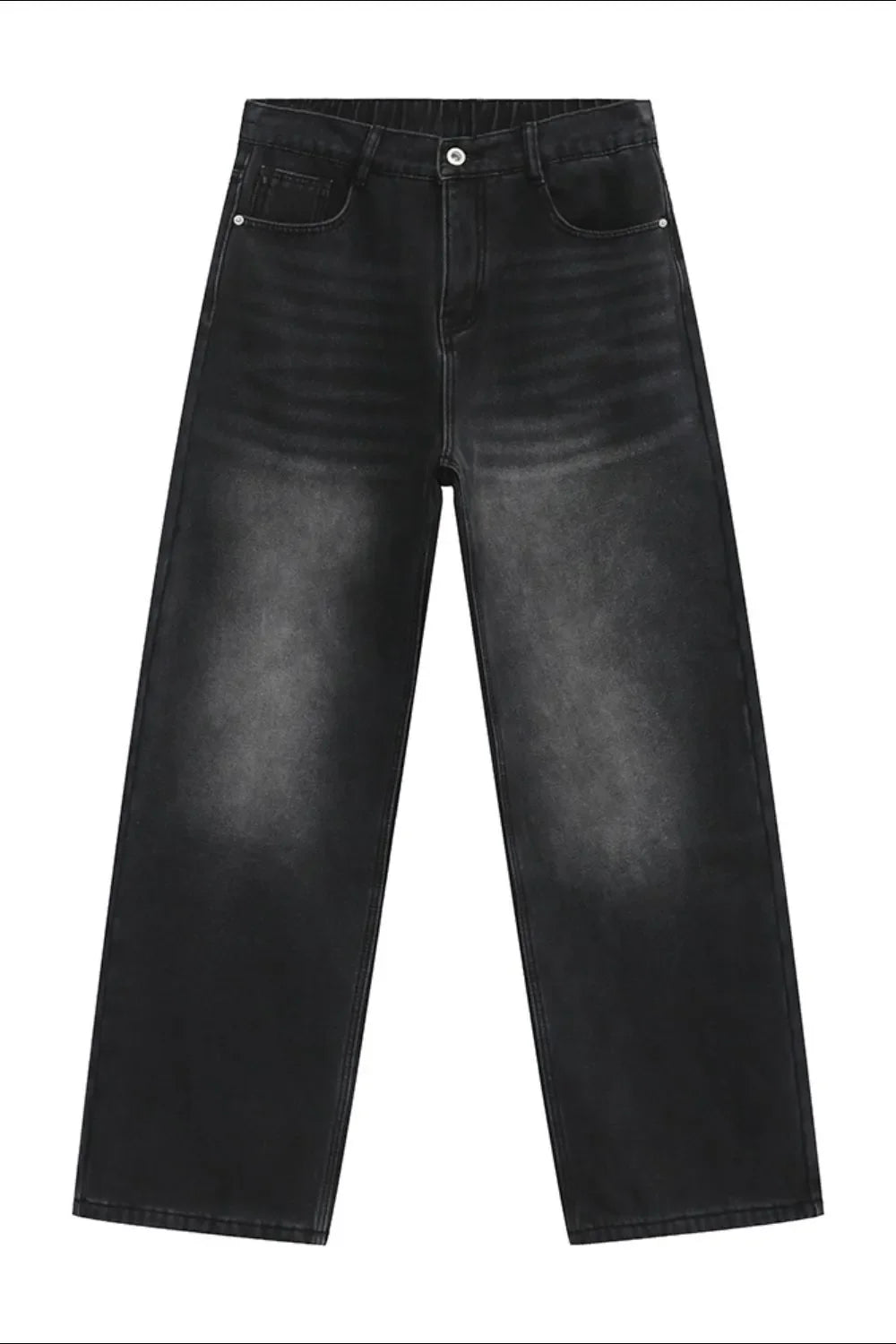 Wide-leg jeans in dark gray denim with a relaxed, baggy fit and faded details.
