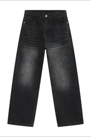 Wide-leg jeans in dark gray denim with a relaxed, baggy fit and faded details.