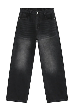 Wide-leg jeans in dark gray denim with a relaxed, baggy fit and faded details.