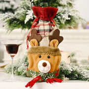 Holiday wine bottle cover with reindeer face, plaid fabric top, and red scarf detail.