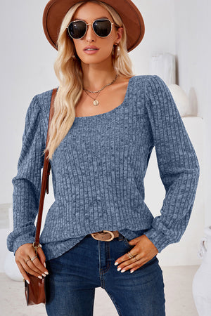 Dusty blue ribbed square neck top with puffed sleeves and a relaxed fit.