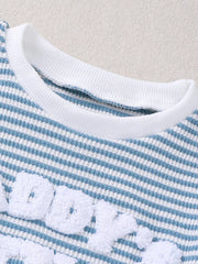 Baby blue and white striped tee with fuzzy applique letters and white ribbed neckline.