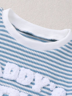 Baby blue and white striped tee with fuzzy applique letters and white ribbed neckline.