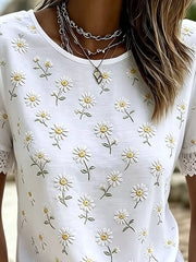 Plus Size Daisy Lace Puff Sleeve T-shirt in White, side view